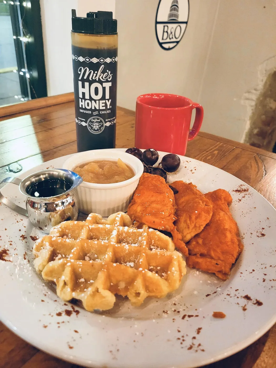 Chicken & waffles with Mike's Hot Honey